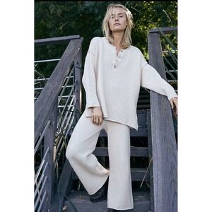 FREE PEOPLE Beach Hailee Sweater Set Cream Au Lait Lounge Oversized Waffle L